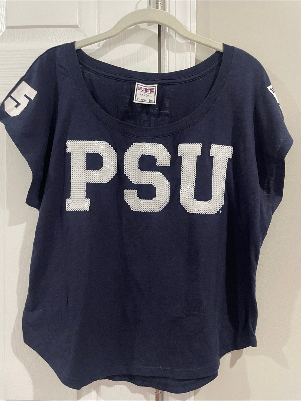PINK Victoria's Secret Navy Short Sleeve Tee with White Sequin PSU Size Medium